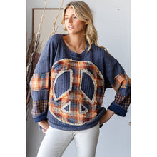 Washed Patchwork Peace Love Soft Thermal Blouse: Blue