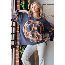 Washed Patchwork Peace Love Soft Thermal Blouse: Blue