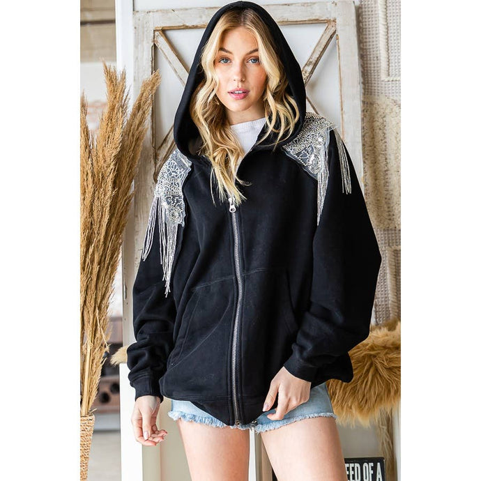 Silver Sequin Fringed Detail Hooded Jacket: Black