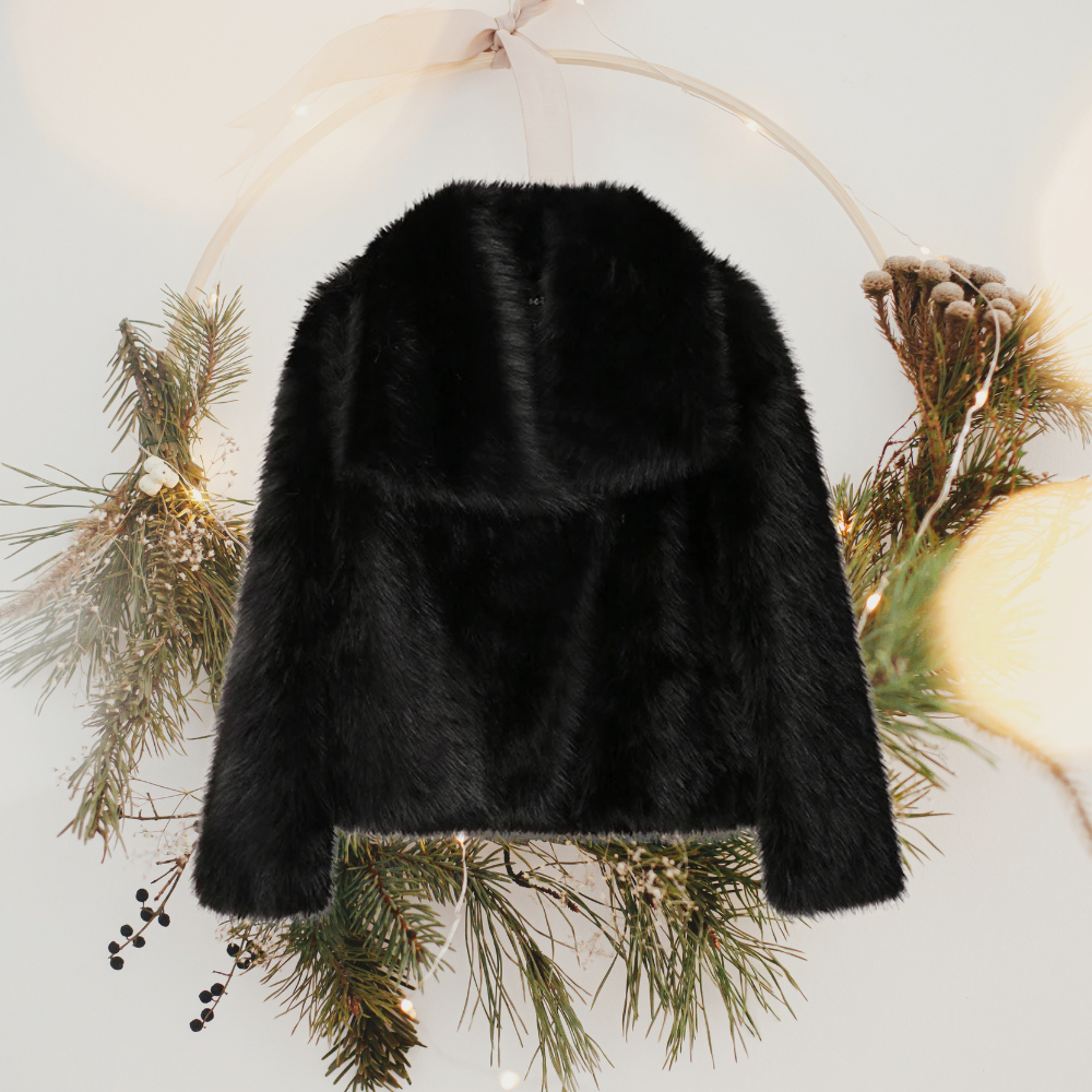 Wide Collar Faux Fur Coat Cropped Fluffy Winter Jacket: Black