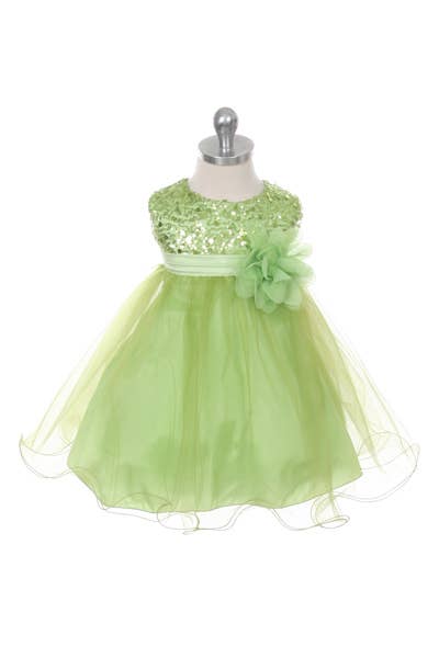 Lime Sequin Party Baby Dress with 3D Mesh Flower and Sash