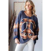 Washed Patchwork Peace Love Soft Thermal Blouse: Blue