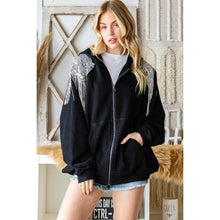 Silver Sequin Fringed Detail Hooded Jacket: Black