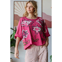 Fuchsia Washed Flower Applique Short Sleeve Knit Oli+Hali Top