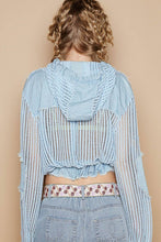 Open knit button down pocket front hooded shirt POL top: Baby Blue Multi