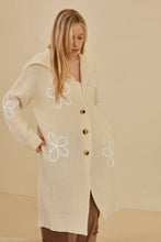 Wide Collared Mello Cardigan with Floral Overstitch: Cream