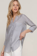 Black Long Sleeve Split Round Neck Button Down Stripe Woven Shirt