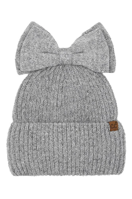 C.C Messy Bun Bow Beanie with Sequins Winter Hat: Gray