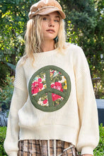 Round neck balloon sleeve floral peace patch sweater: Cream