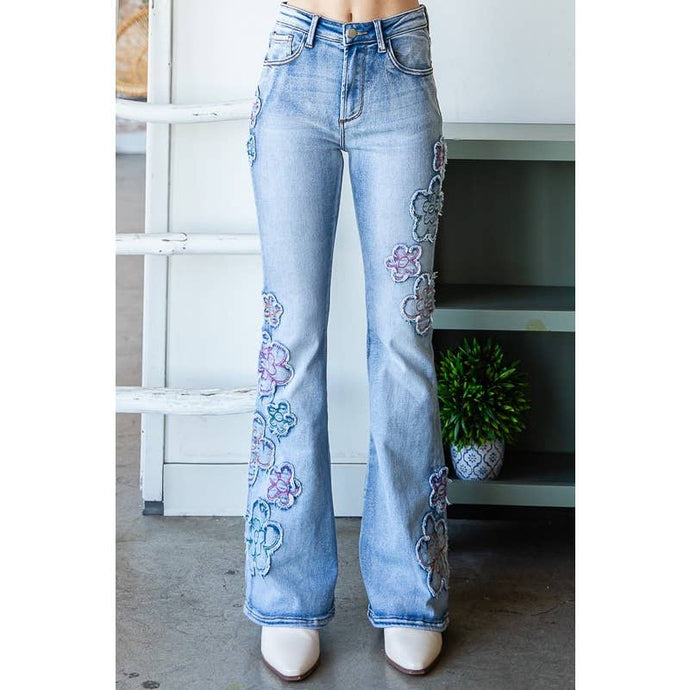 Washed Flower Patchwork Flare Hem Oli&Hali Jeans: Denim