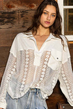 Collared contrast ribbed panel lace crochet chest pocket POL top: Off White