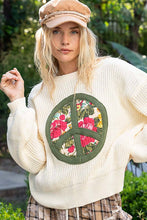 Round neck balloon sleeve floral peace patch sweater: Cream