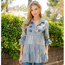 Grey Mexican Embroidery 3/4 Ruffle Sleeves Western Blouse